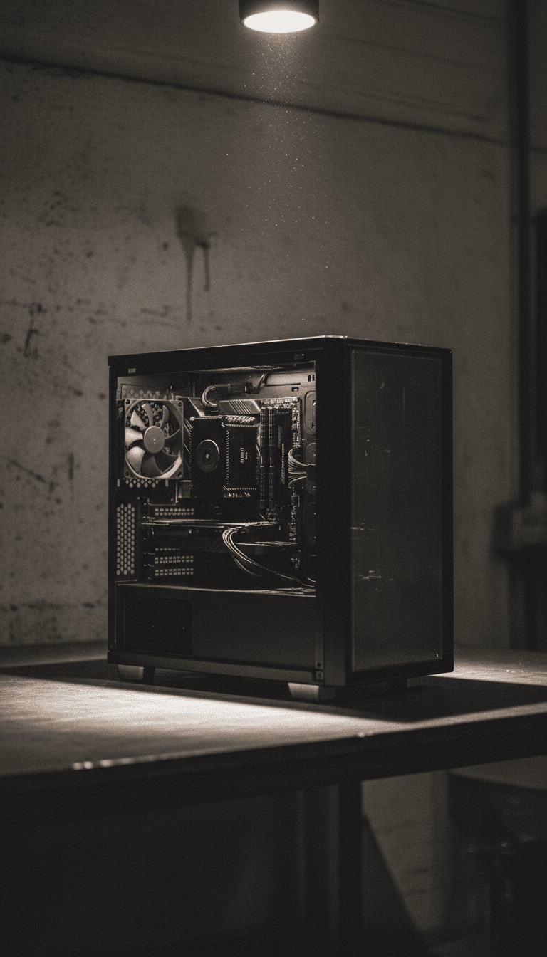 Open desktop computer tower on workbench